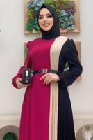 Tesettür giyim FUŞYA ÜÇ RENKLİ PİLİSELİ ELBİSE T 2263