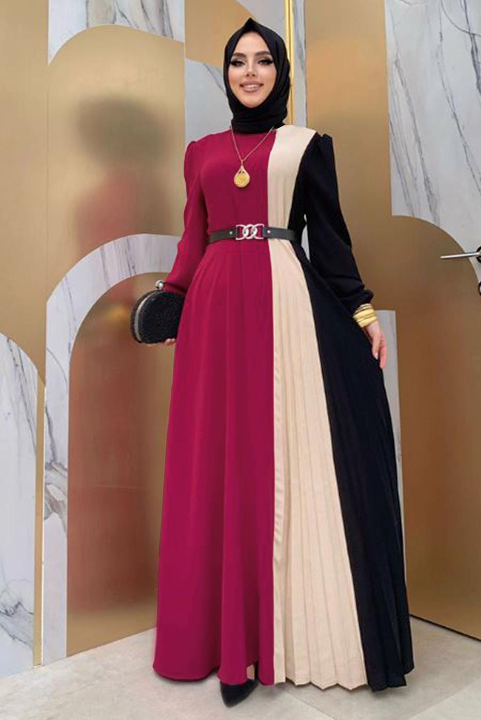 Tesettür giyim FUŞYA ÜÇ RENKLİ PİLİSELİ ELBİSE T 2263