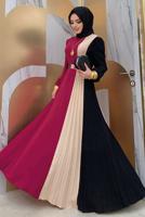 Tesettür giyim FUŞYA ÜÇ RENKLİ PİLİSELİ ELBİSE T 2263