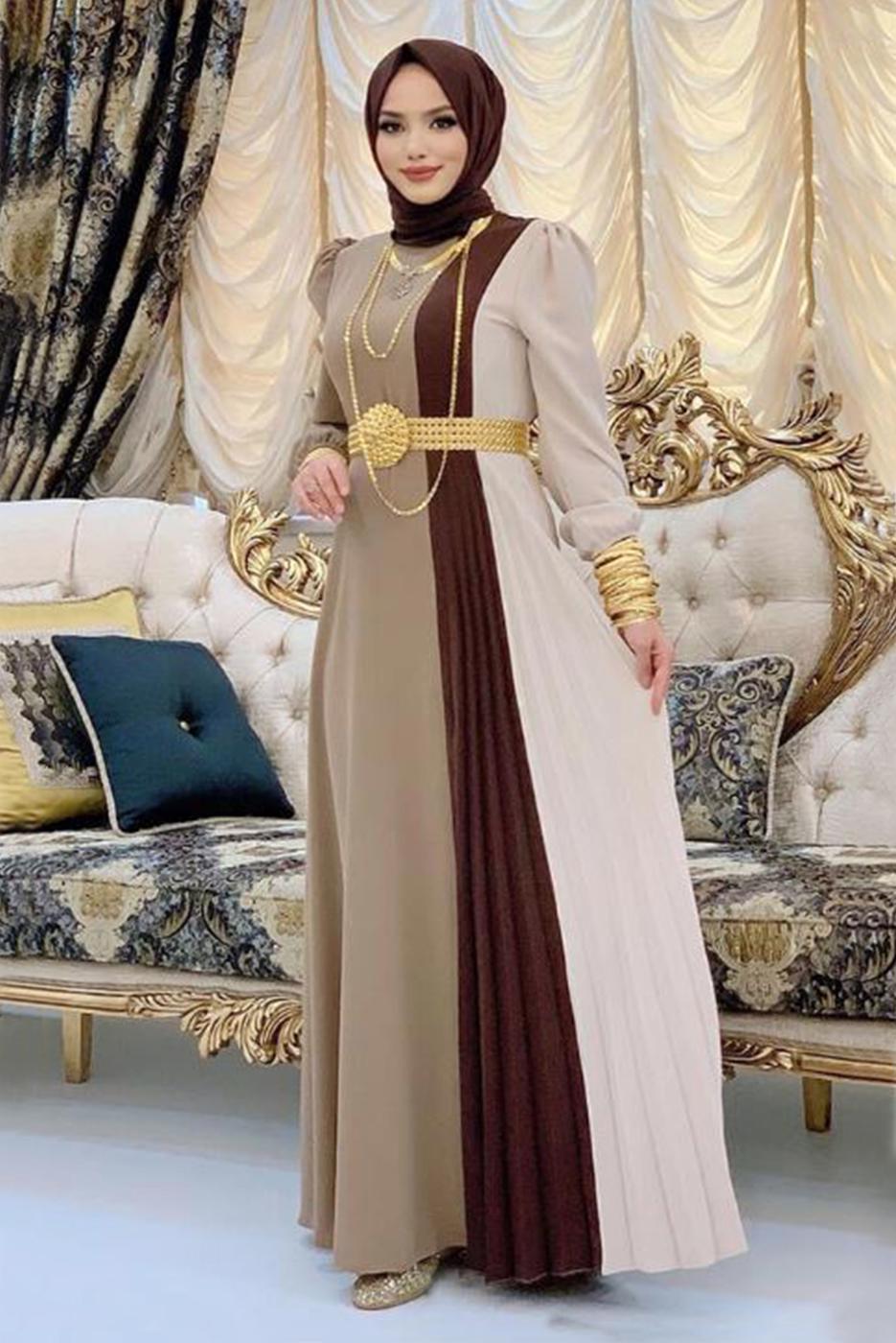 Tesettür giyim KAHVE ÜÇ RENKLİ PİLİSELİ ELBİSE T 2263