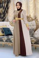Tesettür giyim KAHVE ÜÇ RENKLİ PİLİSELİ ELBİSE T 2263