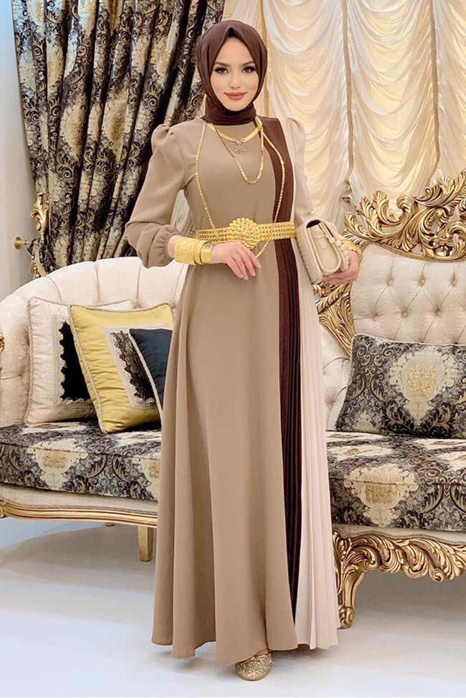 Tesettür giyim KAHVE ÜÇ RENKLİ PİLİSELİ ELBİSE T 2263