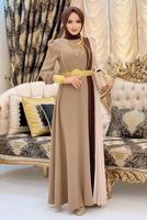 Tesettür giyim KAHVE ÜÇ RENKLİ PİLİSELİ ELBİSE T 2263