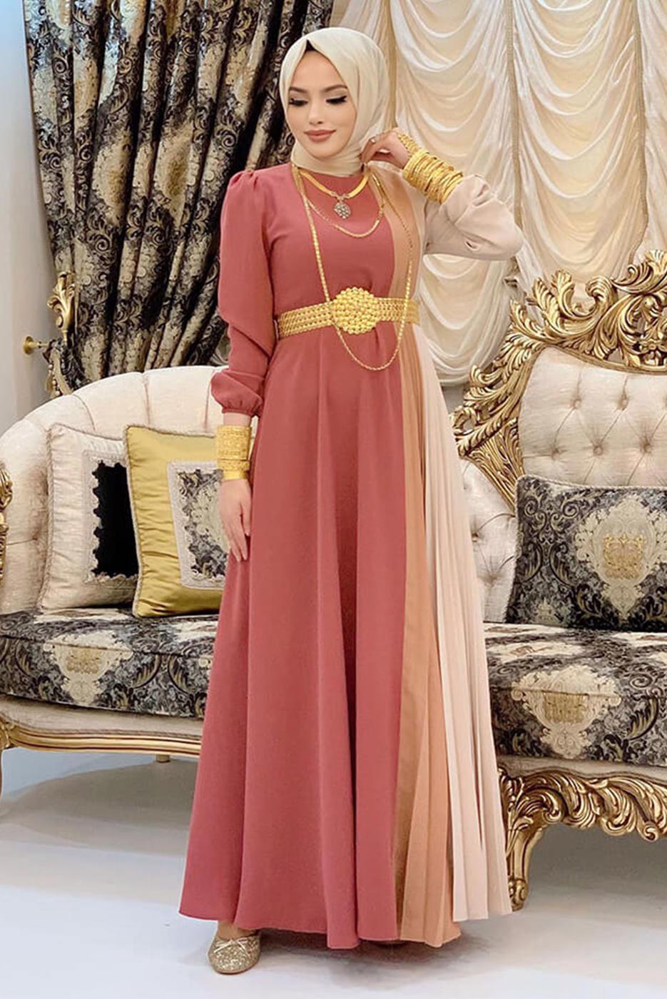 Tesettür giyim KAHVE ÜÇ RENKLİ PİLİSELİ ELBİSE T 2263