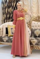 Tesettür giyim KAHVE ÜÇ RENKLİ PİLİSELİ ELBİSE T 2263