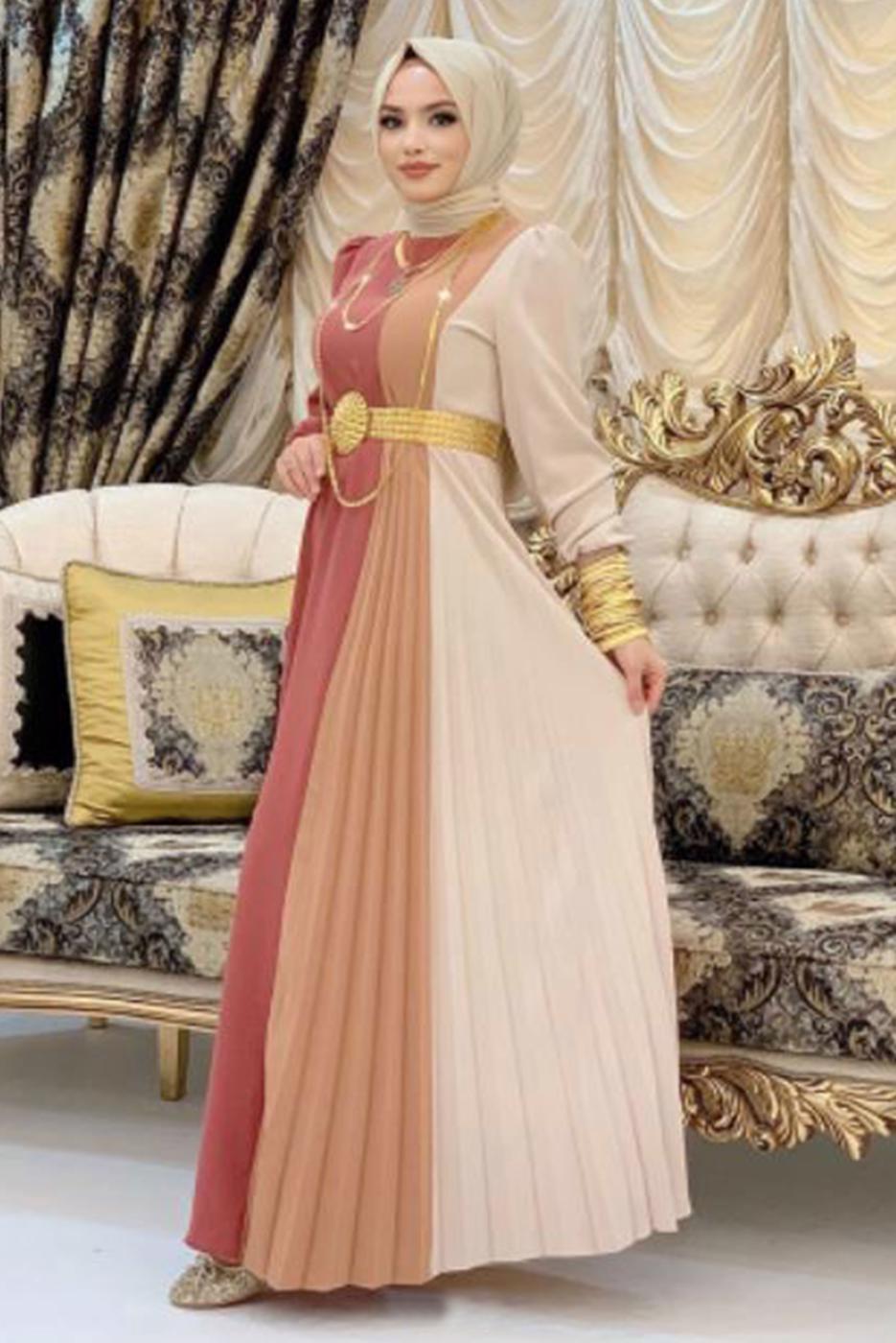 Tesettür giyim KAHVE ÜÇ RENKLİ PİLİSELİ ELBİSE T 2263