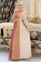 Tesettür giyim KAHVE ÜÇ RENKLİ PİLİSELİ ELBİSE T 2263