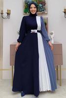 Tesettür giyim LACİVERT ÜÇ RENKLİ PİLİSELİ ELBİSE T 2263