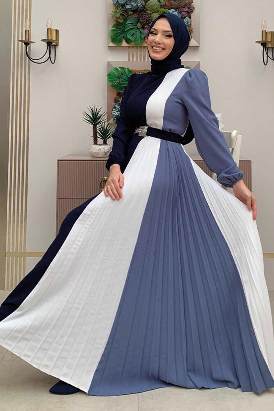 Tesettür giyim LACİVERT ÜÇ RENKLİ PİLİSELİ ELBİSE T 2263