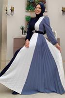 Tesettür giyim LACİVERT ÜÇ RENKLİ PİLİSELİ ELBİSE T 2263