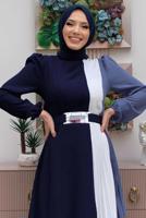 Tesettür giyim LACİVERT ÜÇ RENKLİ PİLİSELİ ELBİSE T 2263