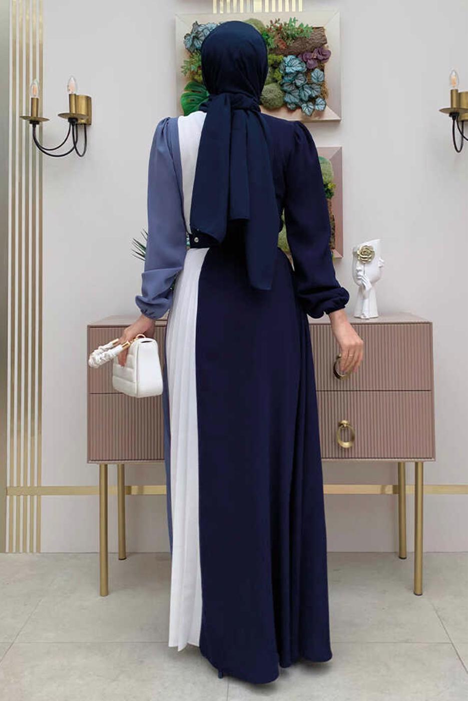 Tesettür giyim LACİVERT ÜÇ RENKLİ PİLİSELİ ELBİSE T 2263
