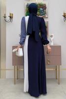 Tesettür giyim LACİVERT ÜÇ RENKLİ PİLİSELİ ELBİSE T 2263