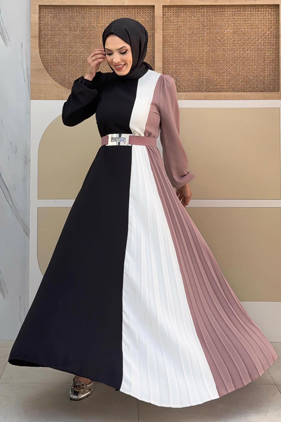 Tesettür giyim PUDRA ÜÇ RENKLİ PİLİSELİ ELBİSE T 2263