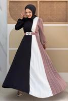 Tesettür giyim PUDRA ÜÇ RENKLİ PİLİSELİ ELBİSE T 2263