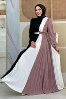 Tesettür giyim PUDRA ÜÇ RENKLİ PİLİSELİ ELBİSE T 2263