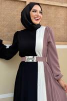 Tesettür giyim PUDRA ÜÇ RENKLİ PİLİSELİ ELBİSE T 2263