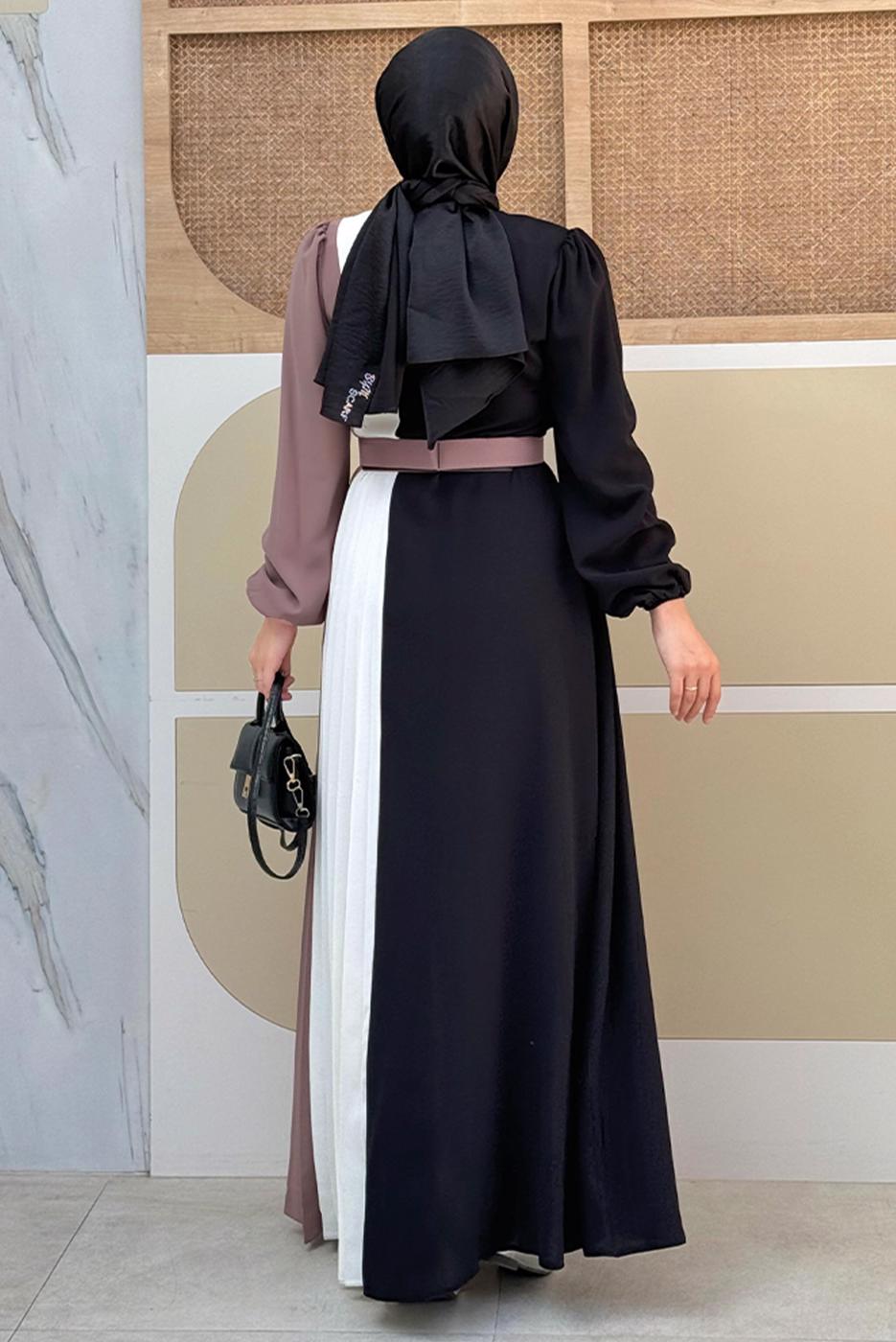 Tesettür giyim PUDRA ÜÇ RENKLİ PİLİSELİ ELBİSE T 2263