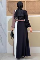 Tesettür giyim PUDRA ÜÇ RENKLİ PİLİSELİ ELBİSE T 2263