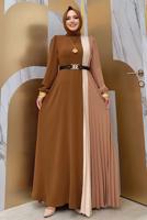 Tesettür giyim TABA ÜÇ RENKLİ PİLİSELİ ELBİSE T 2263