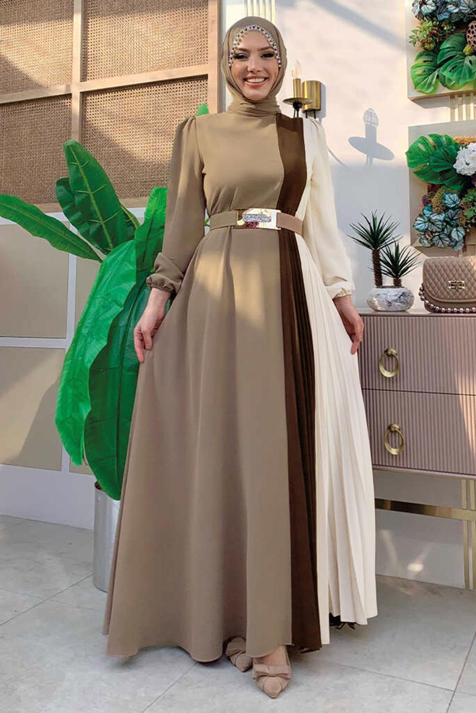 Tesettür giyim VİZON ÜÇ RENKLİ PİLİSELİ ELBİSE T 2263