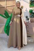 Tesettür giyim VİZON ÜÇ RENKLİ PİLİSELİ ELBİSE T 2263