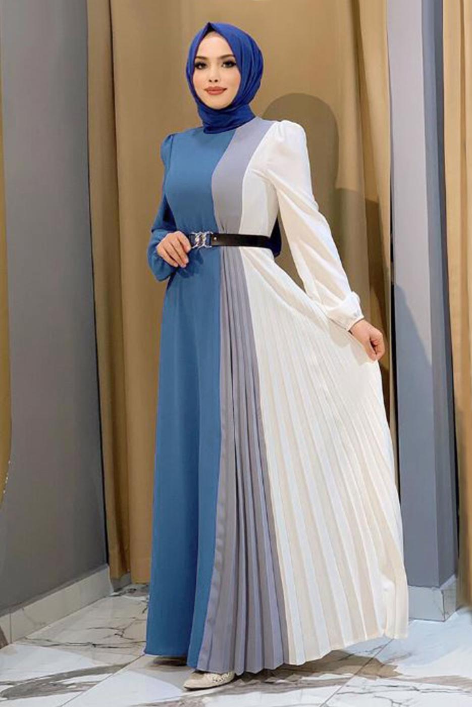 Tesettür giyim LACİVERT ÜÇ RENKLİ PİLİSELİ ELBİSE T 2263