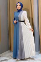 Tesettür giyim LACİVERT ÜÇ RENKLİ PİLİSELİ ELBİSE T 2263