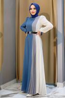 Tesettür giyim LACİVERT ÜÇ RENKLİ PİLİSELİ ELBİSE T 2263