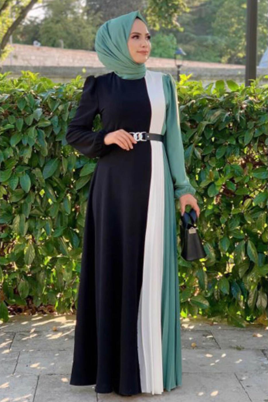 Tesettür giyim YEŞİL ÜÇ RENKLİ PİLİSELİ ELBİSE T 2263