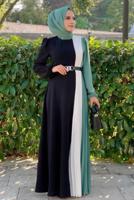 Tesettür giyim YEŞİL ÜÇ RENKLİ PİLİSELİ ELBİSE T 2263