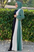 Tesettür giyim YEŞİL ÜÇ RENKLİ PİLİSELİ ELBİSE T 2263