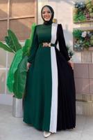 Tesettür giyim YEŞİL ÜÇ RENKLİ PİLİSELİ ELBİSE T 2263