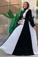 Tesettür giyim YEŞİL ÜÇ RENKLİ PİLİSELİ ELBİSE T 2263