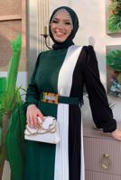 Tesettür giyim YEŞİL ÜÇ RENKLİ PİLİSELİ ELBİSE T 2263