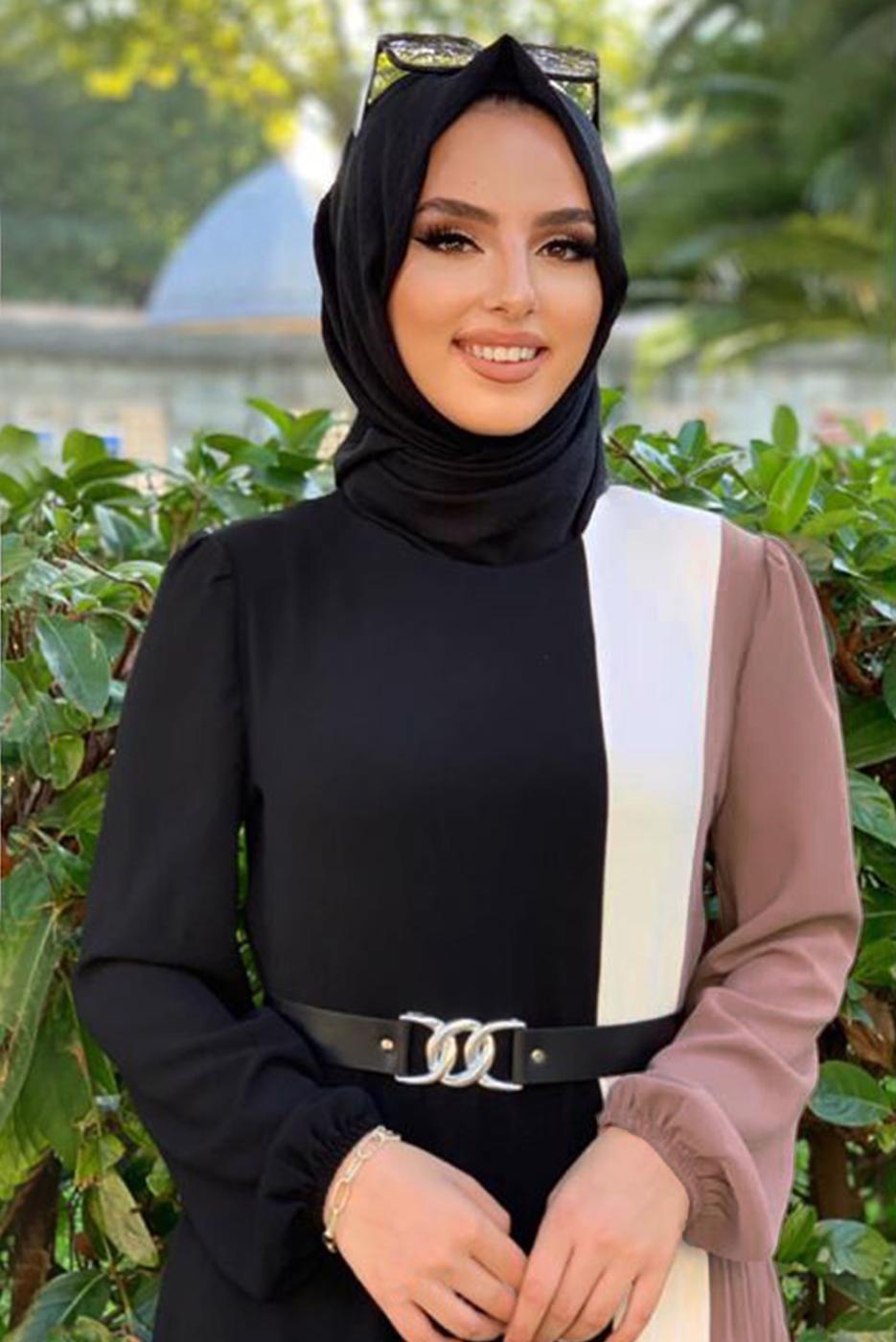 Tesettür giyim PEMBE ÜÇ RENKLİ PİLİSELİ ELBİSE T 2263