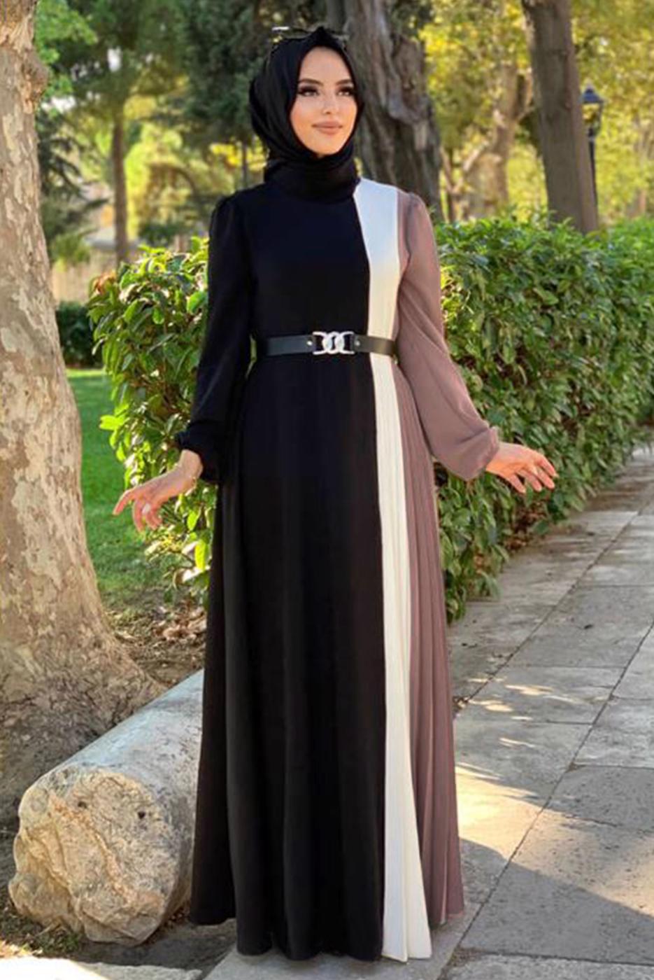 Tesettür giyim PEMBE ÜÇ RENKLİ PİLİSELİ ELBİSE T 2263