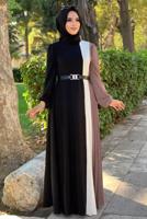 Tesettür giyim PEMBE ÜÇ RENKLİ PİLİSELİ ELBİSE T 2263