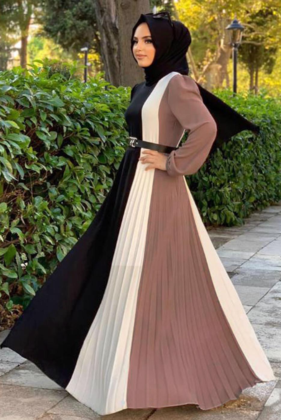 Tesettür giyim PEMBE ÜÇ RENKLİ PİLİSELİ ELBİSE T 2263