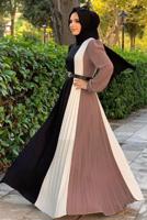 Tesettür giyim PEMBE ÜÇ RENKLİ PİLİSELİ ELBİSE T 2263