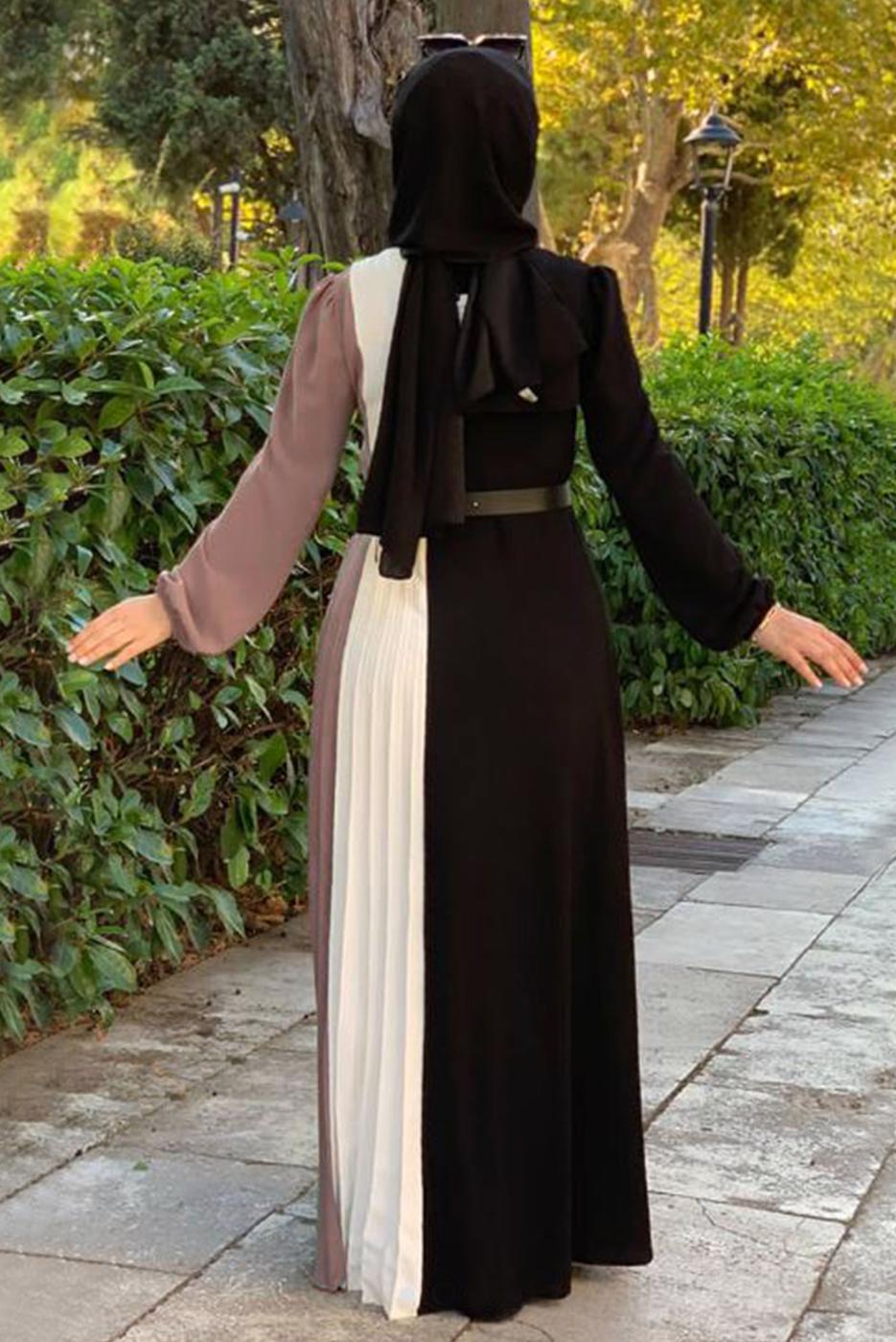 Tesettür giyim PEMBE ÜÇ RENKLİ PİLİSELİ ELBİSE T 2263