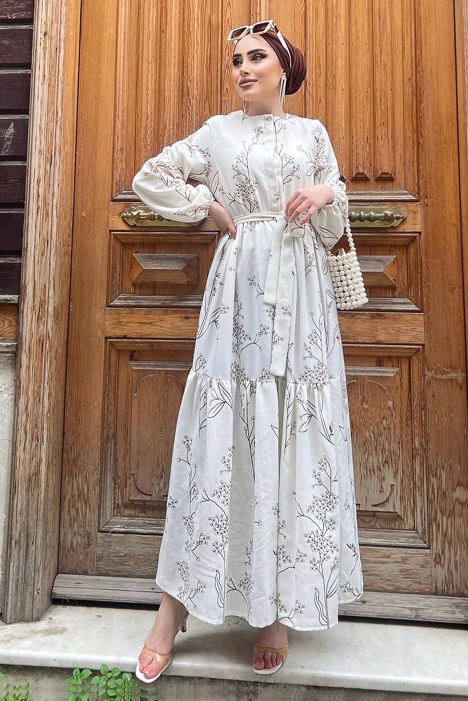 Tesettür giyim KREM GİZLİ DÜĞMELİ DESENLİ PAMUKLU ELBİSE 2338 