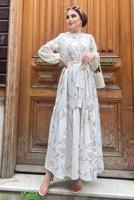 Tesettür giyim KREM GİZLİ DÜĞMELİ DESENLİ PAMUKLU ELBİSE 2338 