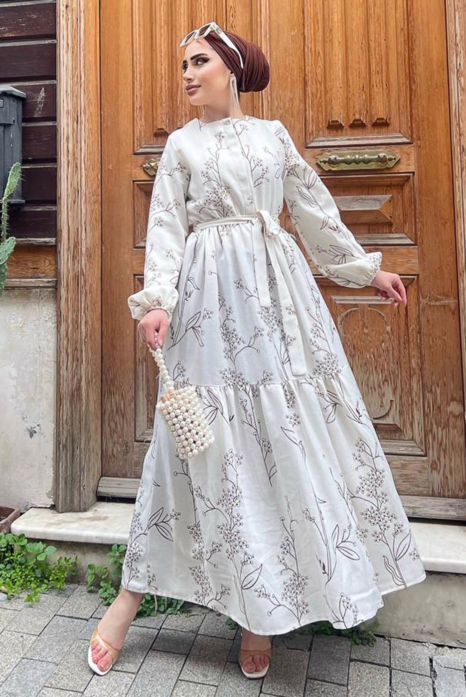 Tesettür giyim KREM GİZLİ DÜĞMELİ DESENLİ PAMUKLU ELBİSE 2338 