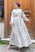 Tesettür giyim KREM GİZLİ DÜĞMELİ DESENLİ PAMUKLU ELBİSE 2338 