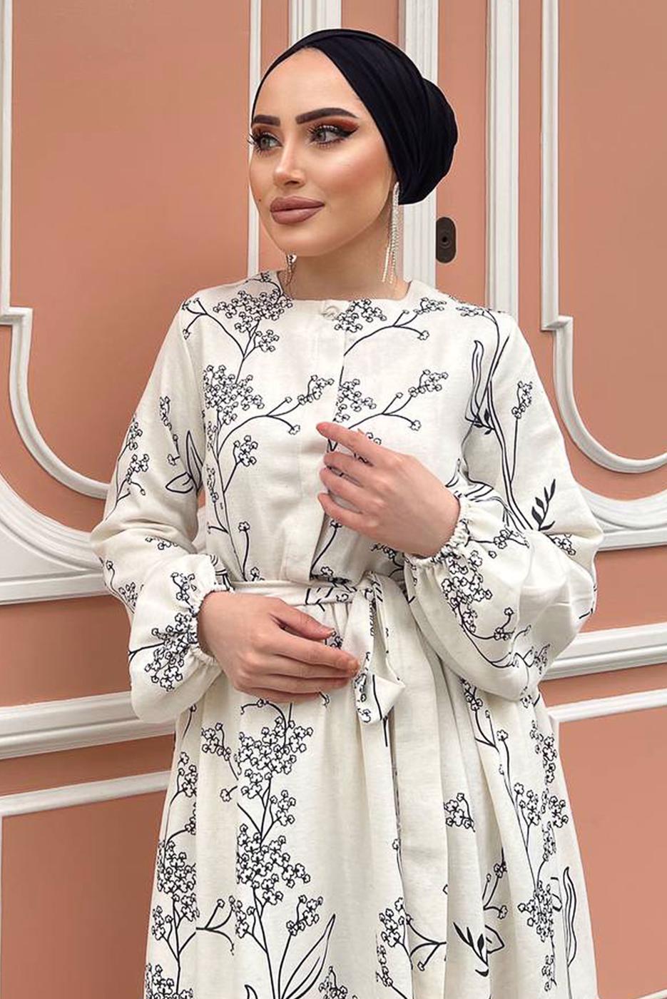 Tesettür giyim KREM GİZLİ DÜĞMELİ DESENLİ PAMUKLU ELBİSE 2338 