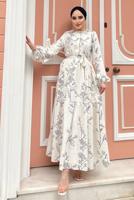 Tesettür giyim KREM GİZLİ DÜĞMELİ DESENLİ PAMUKLU ELBİSE 2338 