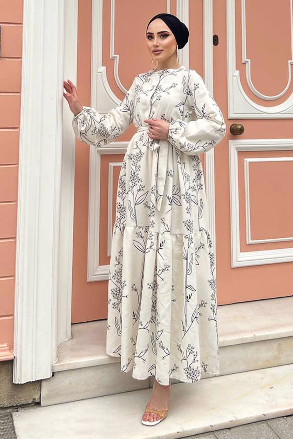 Tesettür giyim KREM GİZLİ DÜĞMELİ DESENLİ PAMUKLU ELBİSE 2338 