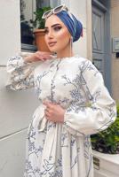 Tesettür giyim KREM GİZLİ DÜĞMELİ DESENLİ PAMUKLU ELBİSE 2338 