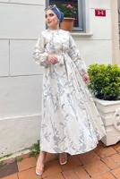 Tesettür giyim KREM GİZLİ DÜĞMELİ DESENLİ PAMUKLU ELBİSE 2338 